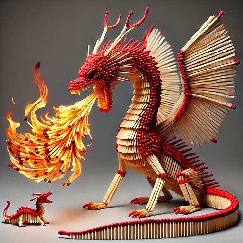 A dragon sculpture made of matchsticks breathes fire towards a smaller matchstick dragon, creating a dramatic scene. (Captioned by AI)