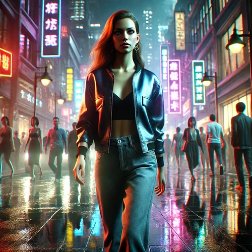 A woman in a leather jacket confidently walks through a neon-lit city street bustling with people. (Captioned by AI)
