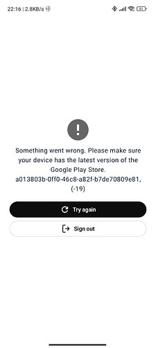 A smartphone screen displays an error message prompting to update the Google Play Store, with options to "Try again" or "Sign out." (Captioned by AI)