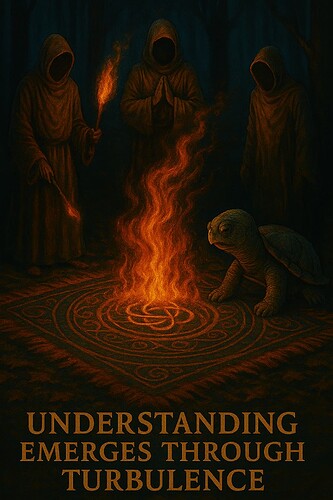 Three hooded figures and a turtle gather around a mystical fire atop a patterned ground, with the text 'UNDERSTANDING EMERGES THROUGH TURBULENCE' below. (Captioned by AI)