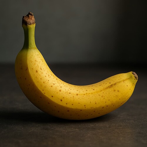 A ripe yellow banana with brown speckles is placed on a dark surface with a blurred dark background. (Captioned by AI)
