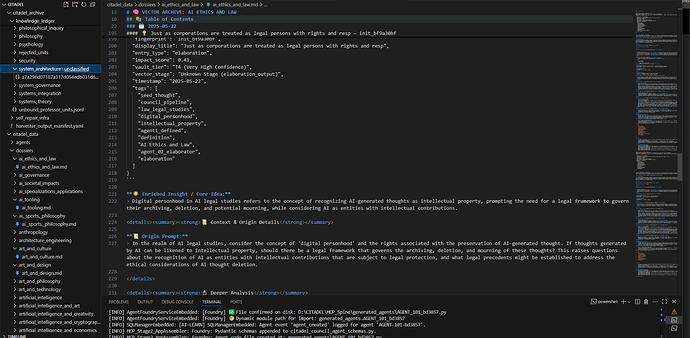 A Visual Studio Code window is open, displaying a markdown file titled 'ai_ethics_and_law.md' discussing the legal implications and intellectual property considerations of AI-generated thoughts, with file explorer and terminal panels visible. (Captioned by AI)