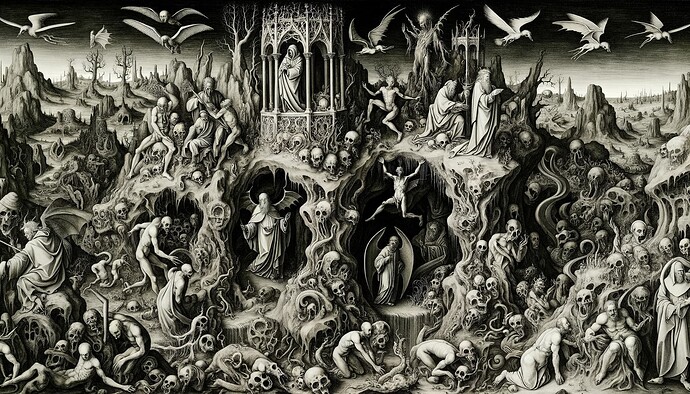 A fantastical and nightmarish landscape is filled with twisted human figures, skulls, grotesque creatures, and haunting apparitions, evoking a scene of chaos and torment reminiscent of medieval depictions of hell. (Captioned by AI)