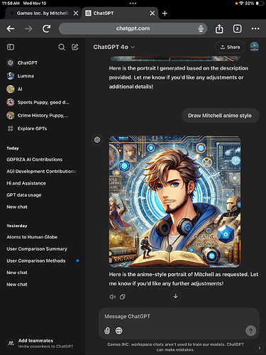 The image shows an anime-style portrait of a young man with headphones, surrounded by various creative and technological elements, displayed on a ChatGPT interface. (Captioned by AI)