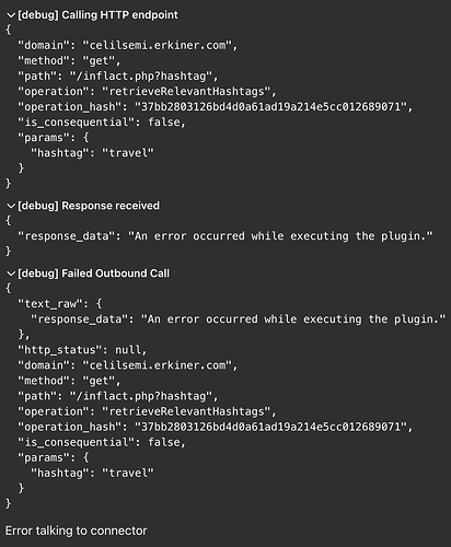 The image displays a debug log indicating a failed HTTP request to retrieve relevant hashtags for "travel" due to an error executing a plugin. (Captioned by AI)
