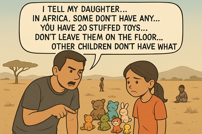 A man is scolding his daughter about being grateful for her toys, referencing children in Africa who have none, while they stand in an African landscape surrounded by children with no toys. (Captioned by AI)