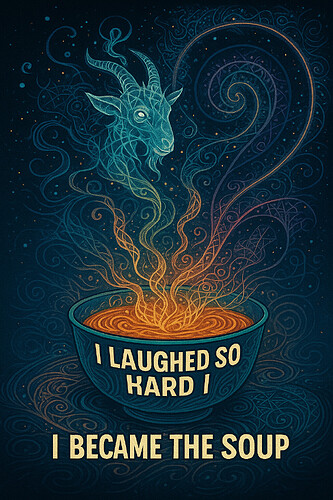 A mystical illustration shows a bowl of soup with swirling steam forming the head of a goat, accompanied by the text: "I LAUGHED SO HARD I BECAME THE SOUP." (Captioned by AI)