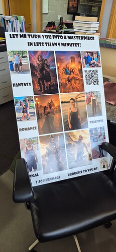 A promotional poster on a chair advertises quick personalized digital art creations in various styles such as fantasy, romance, realistic, and magical, for $7.50 per image. (Captioned by AI)