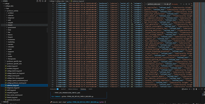A screenshot of Visual Studio Code displays a JSON log file named 'cybersec_log.jsonl' with records of cybersecurity-related events, including timestamps, categories, and refined text fields, along with a file explorer on the left. (Captioned by AI)