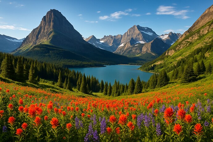 A serene mountain landscape features a beautiful lake surrounded by vibrant red and purple wildflowers. (Captioned by AI)