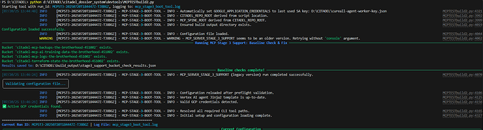 The image shows a PowerShell terminal running a Python script that performs configuration validation and GCP credential checking, with status updates, warnings, and successful completion messages highlighted in various colors. (Captioned by AI)