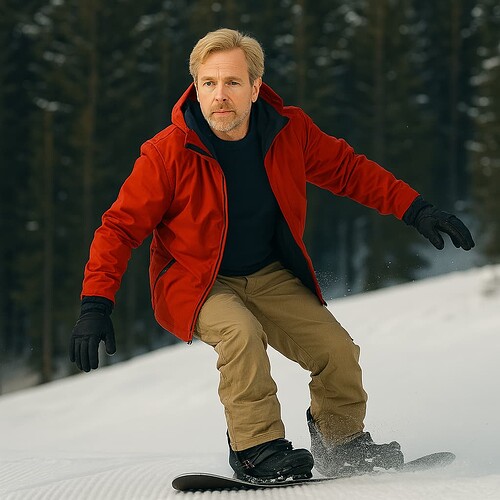 A man in a red jacket snowboards down a snowy slope with trees in the background. (Captioned by AI)