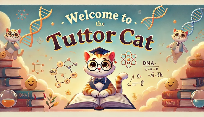 A welcoming illustration features a scholarly cat wearing glasses and a graduation cap, surrounded by books, DNA strands, and scientific symbols, with the text "Welcome to the Tutor Cat." (Captioned by AI)