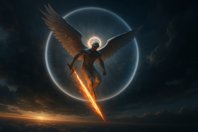 A majestic angel with large wings and a glowing halo wields a fiery sword while descending from the sky, surrounded by dramatic clouds and celestial light. (Captioned by AI)