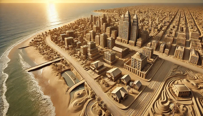 DALL·E 2024-11-02 11.32.17 - A detailed, widescreen aerial photograph of a small beach city (SBC) built entirely out of sand. The scene captures intricate sand structures resembli
