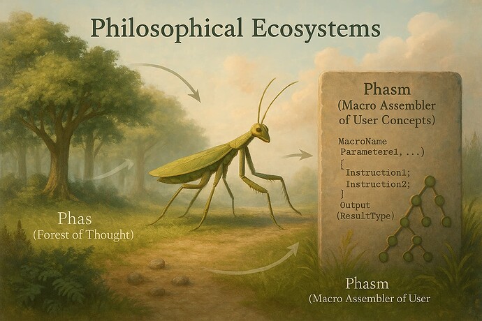 A giant grasshopper stands in a forest beside a stone tablet that reads "Phasm (Macro Assembler of User Concepts)," depicting a metaphorical "Philosophical Ecosystem." (Captioned by AI)