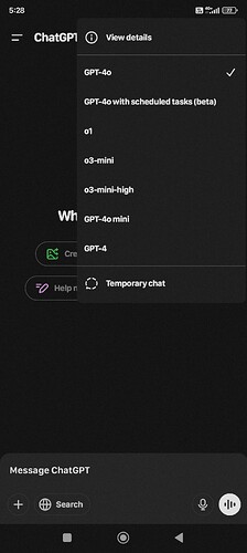 This image shows a dropdown menu from the ChatGPT app displaying various model options, including GPT-4o and others, with the "Temporary chat" option checked. (Captioned by AI)