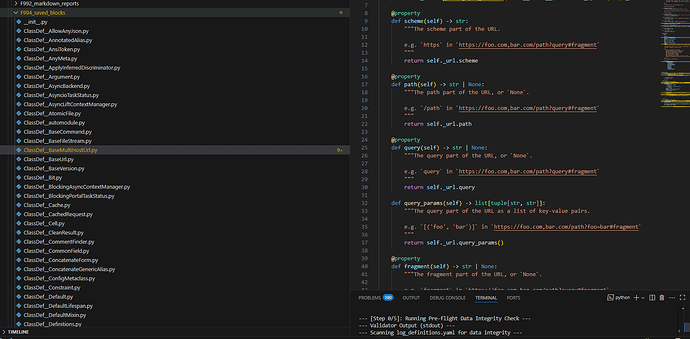 The image shows a Visual Studio Code window with a Python project structure on the left and Python code for handling URL properties and parameters on the right. (Captioned by AI)
