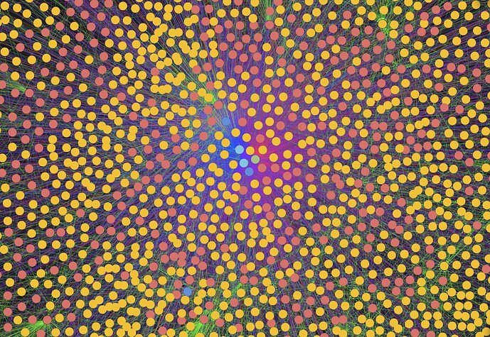 This image features a colorful network visualization with interconnected yellow dots on a vibrant background of purple, pink, and blue. (Captioned by AI)