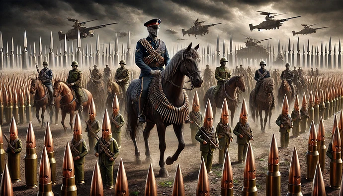 A surreal military scene depicts soldiers and horses alongside giant bullets and missiles, with helicopters flying overhead, creating a striking and ominous atmosphere. (Captioned by AI)