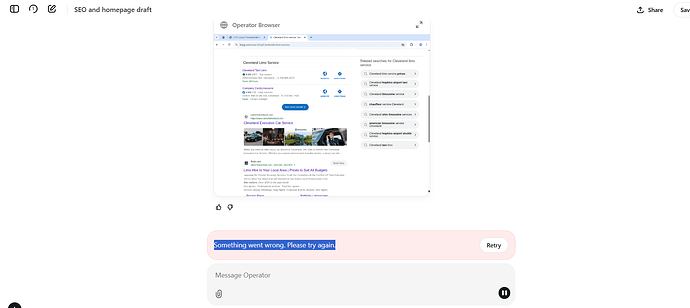 A screenshot shows an online chat or support interface with a browser window displaying search results for 'Cleveland Limo Service,' and an error message below stating 'Something went wrong. Please try again.' (Captioned by AI)