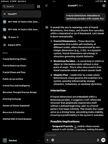 The image shows a ChatGPT interface discussing "Fractal dimensions imbedded in bootstrap paradox with chaotic flux," breaking down concepts like fractal dimensions, bootstrap paradox, and chaotic flux, with potential implications for temporal fractals. (Captioned by AI)