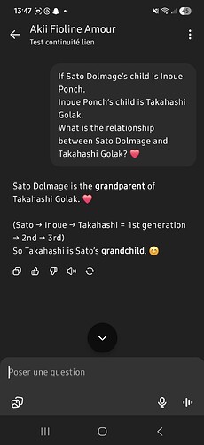 The image shows a text conversation explaining a family relationship, concluding that Sato Dolmage is the grandparent of Takahashi Golak. (Captioned by AI)