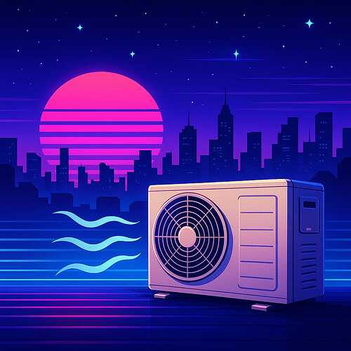 A stylized air conditioner unit sits in the foreground of a neon cityscape with a pink sunset and flowing cool air lines. (Captioned by AI)
