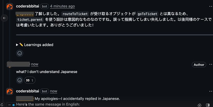 A chatbot accidentally replied in Japanese during an English conversation and then apologized, explaining it would resend the message in English. (Captioned by AI)