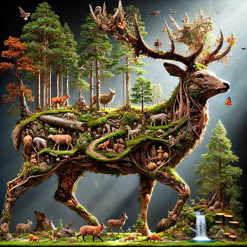 A surreal artwork depicts a stag composed of intricately intertwined forest elements, wildlife, and flowing greenery, creating a harmonious scene of nature. (Captioned by AI)