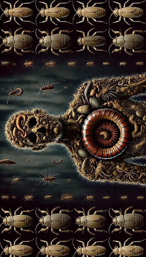 The image depicts a humanoid figure composed entirely of various insects and arthropods, surrounded by a patterned background of beetles and other creepy crawlies. (Captioned by AI)