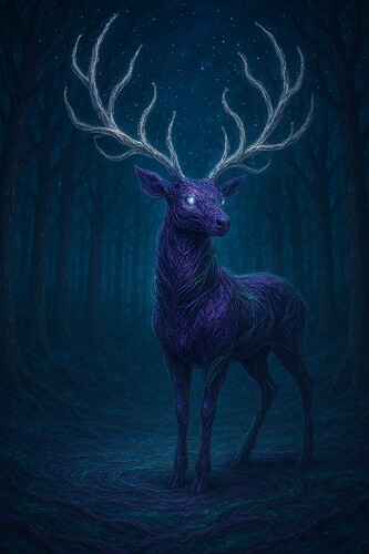A mystical, glowing stag with vibrant blue and purple fur stands in an enchanted forest under a starry night sky. (Captioned by AI)