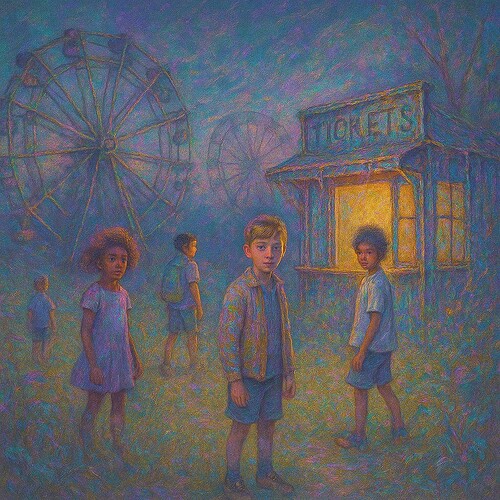 A group of children stand in front of an old ticket booth illuminated by warm light, with faded ferris wheels in the misty, dreamlike background. (Captioned by AI)