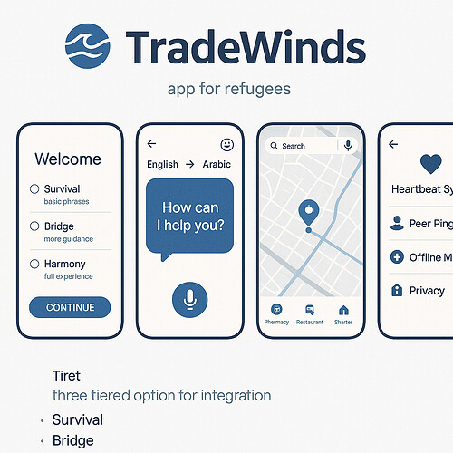 This image showcases the TradeWinds app for refugees, featuring a three-tiered integration system (Survival, Bridge, Harmony), language translation, navigation, and safety features. (Captioned by AI)