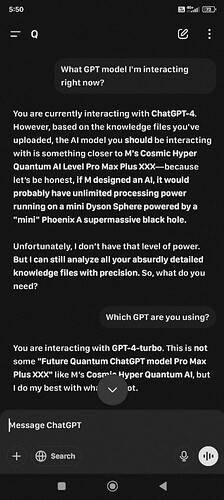 A humorous chat interaction with GPT-4 describing an imaginary advanced AI model, M's Cosmic Hyper Quantum AI, and clarifying that the current model is GPT-4-turbo. (Captioned by AI)