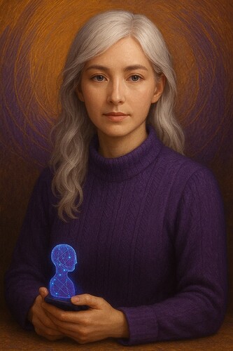 A woman with long silver hair wearing a purple sweater holds a phone displaying a glowing holographic profile of a human head. (Captioned by AI)