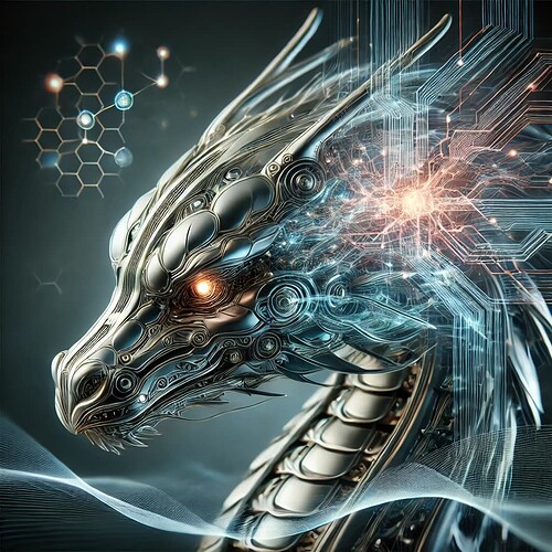 A futuristic, metallic dragon with glowing eyes and intricate circuitry designs is depicted in a digital illustration. (Captioned by AI)
