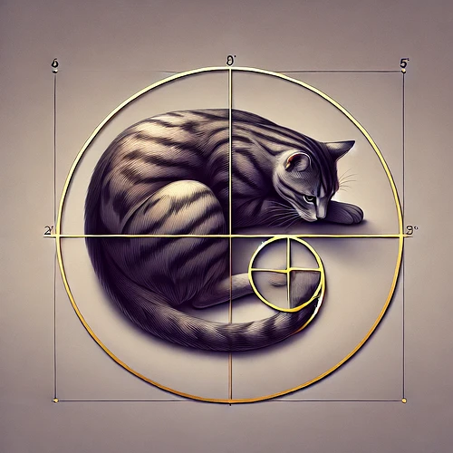 A curled-up cat is artistically represented within a golden spiral and circle, with a mathematical grid overlay. (Captioned by AI)