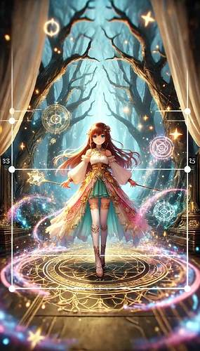 A magical girl stands in an enchanted forest, surrounded by glowing symbols and swirling lights. (Captioned by AI)