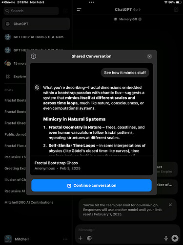 A screenshot of a ChatGPT shared conversation discussing concepts like fractal geometry, self-similar time loops, and natural systems. (Captioned by AI)