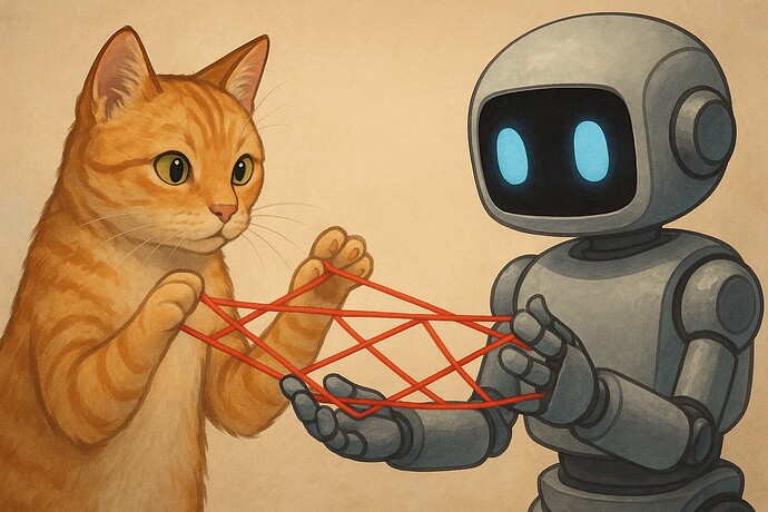 A ginger cat and a friendly robot are playing a game of cat's cradle together with a red string. (Captioned by AI)