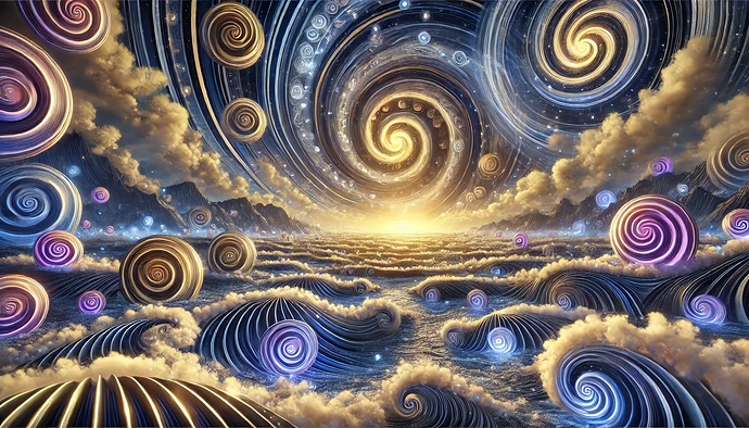 DALL·E 2024-11-02 23.51.32 - A wide aspect ratio surrealist image titled 'Spirals within Spirals,' depicting an intricate landscape where spirals continuously unfold into smaller