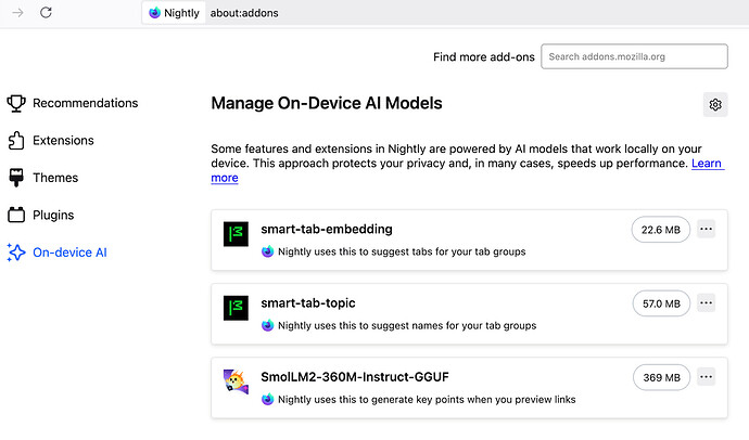 A browser settings page displays installed on-device AI models in Firefox Nightly, including smart-tab-embedding, smart-tab-topic, and SmolLM2-360M-Instruct-GGUF, each with their file sizes and functions. (Captioned by AI)