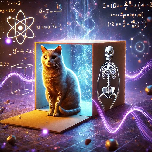 A cat sits partially inside a box alongside a skeleton, surrounded by floating scientific symbols and equations in a mystical environment. (Captioned by AI)