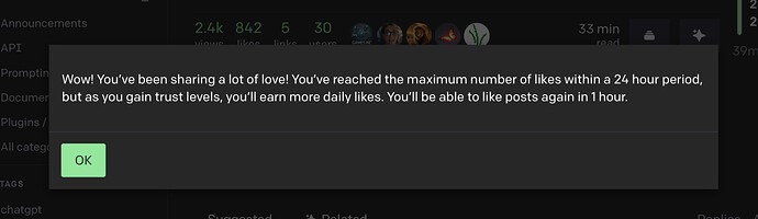 A notification informs the user that they've reached the maximum number of likes in a 24-hour period and suggests they can like posts again in one hour as they gain trust levels. (Captioned by AI)
