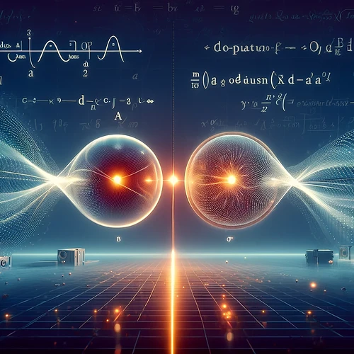 The image depicts a concept of quantum entanglement, featuring glowing particles resembling atoms connected by waves, set against a background of mathematical equations. (Captioned by AI)
