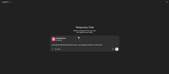 A ChatGPT 4o temporary chat interface displays an uploaded document named 'MEMORYCHK.txt' with a user's playful message asking about a previous conversation and the bot's name. (Captioned by AI)