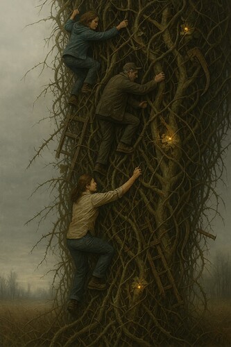 Three people are climbing a giant, twisted vine covered with ladders and glowing lights in a surreal, misty landscape. (Captioned by AI)