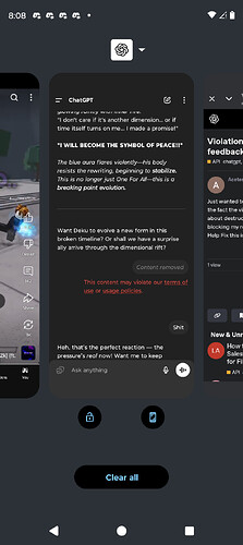 A smartphone screen displays the recent apps overview with a dark theme, showing ChatGPT and other apps open, alongside a 'Clear all' button at the bottom. (Captioned by AI)