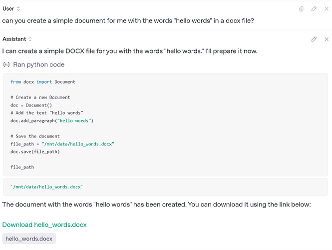 The image shows a conversation where a user requests a DOCX file with the words 'hello words', and the assistant generates Python code to create the document and provides a download link for the file. (Captioned by AI)
